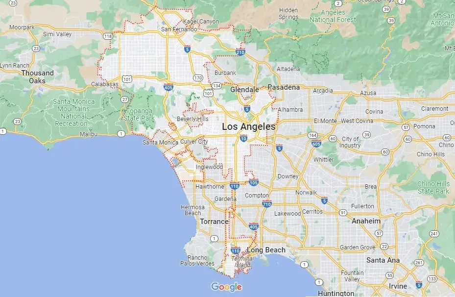 google map image of los angeles CA