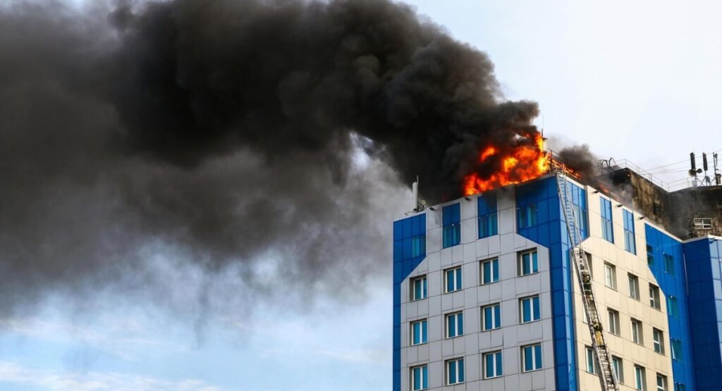 high rise building on fire
